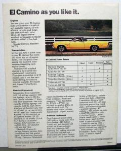1972 Chevrolet El Camino Truck REVISION 1 Sales Folder Brochure Original