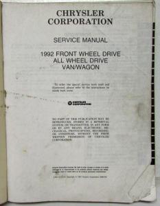 1992 Chrysler Dodge Van/Wagon Front Wheel & All Wheel Drive Service Shop Manual