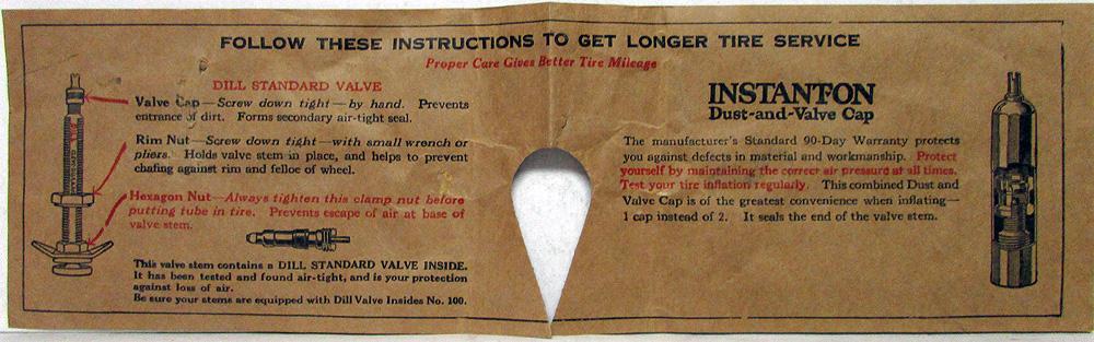 Vintage 20s 30s Dill Standard Valve Instanton Dust & Valve Cap Instruction Card