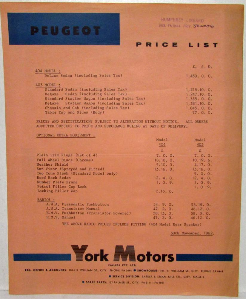 1962-1963 Peugeot 403 404 Price List - Australian Market