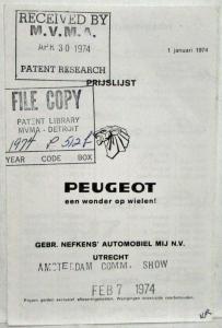 1974 Peugeot Wonder on Wheels Price Folder - Dutch Text