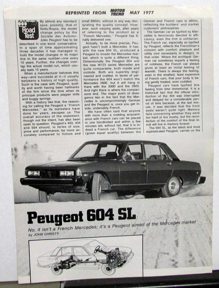 1977 Peugeot 604 SL Motor Trend Magazine Article Reprint