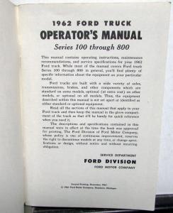 1962 Ford Truck 100 Thru 800 Series Owners Manual ORIGINAL F250 F350 4x2