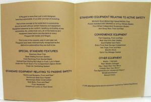 1985? Peugeot Standard Features and Equipment Sales Brochure