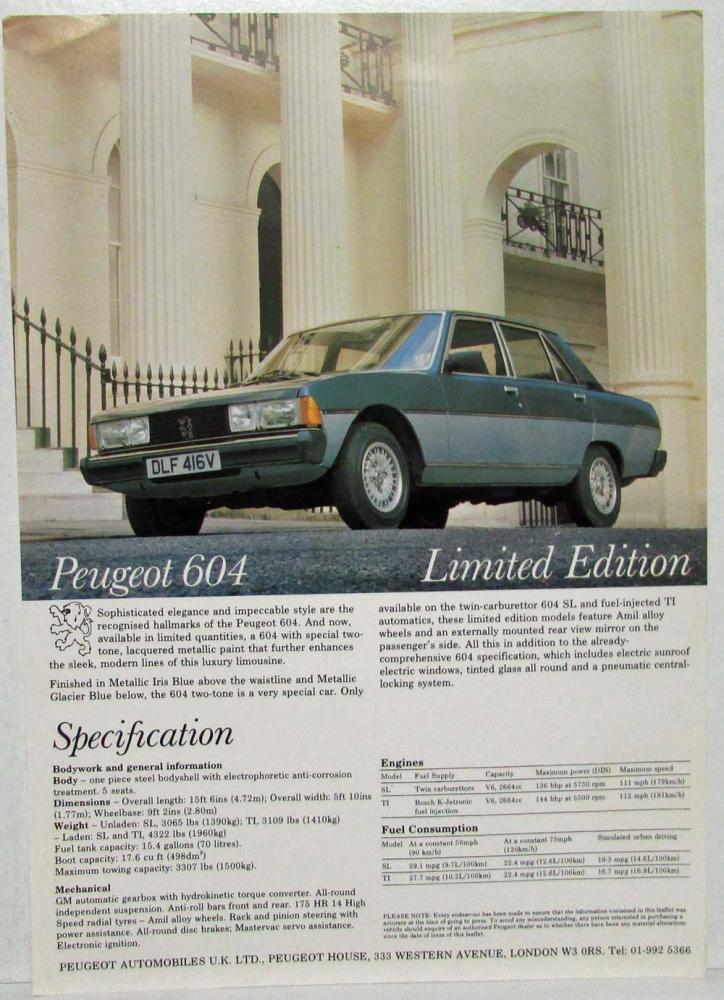 1983-1988 Peugeot 604 Limited Edition Spec Sheet