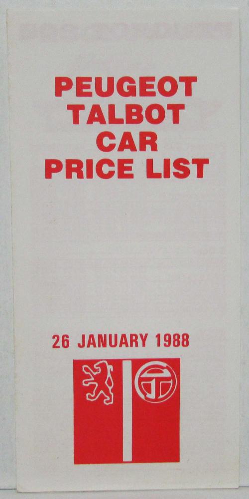 1988 Peugeot Talbot 205 305 309 405 505 Car Price List - UK Market