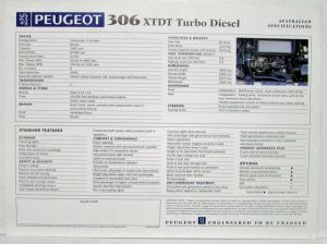 1996 Peugeot 306 Spec Sheets - Set of 4 - Australian Market