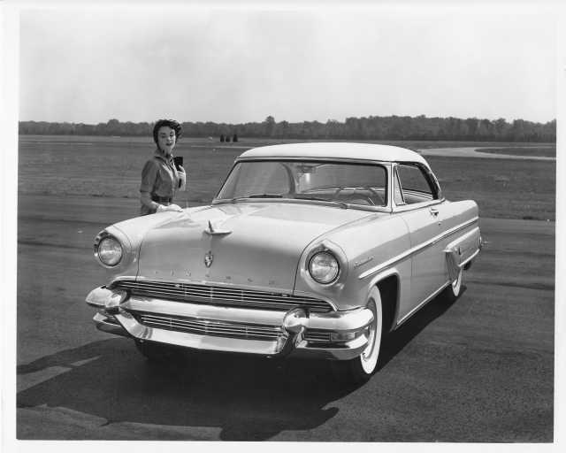 1955 Lincoln Capri Special Custom Coupe Press Photo - Woman by Car 0009