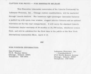 1964 Lincoln Continental Executive Limousine Press Photo & Release 0038