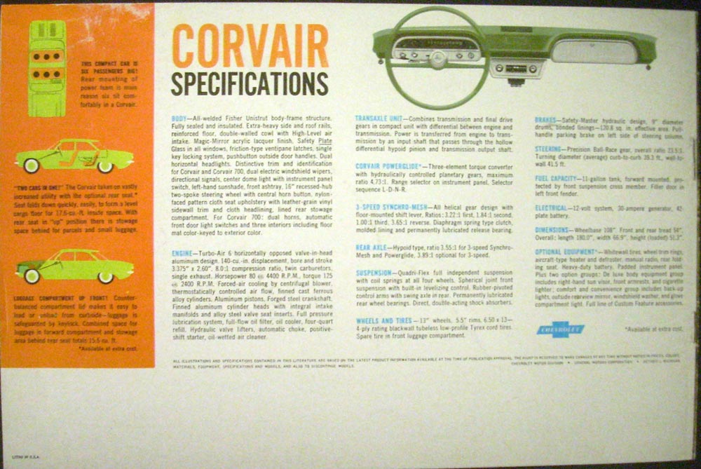 1960 Chevrolet Corvair Dealer Sale Brochure Original Unipack Power Team Blue Car