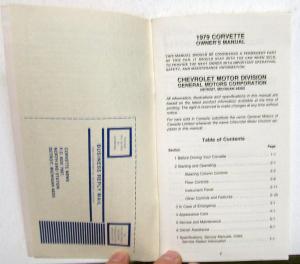 1979 Chevrolet Corvette Owners Manual ORIGINAL Care & Operation Instructions