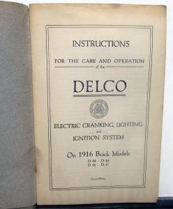 1916 Buick Delco Electrical System Owners Instruction Manual D44 45 46 47 Orig