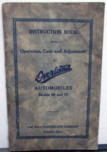 1913 Willys Overland Models 69 & 71 Owners Manual Care & Op Instructions Orig