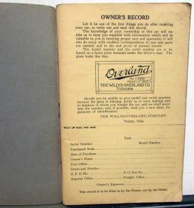 1913 Willys Overland Models 69 & 71 Owners Manual Care & Op Instructions Orig