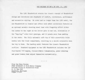 1961 Ford Thunderbird Press Photo & Release 0023