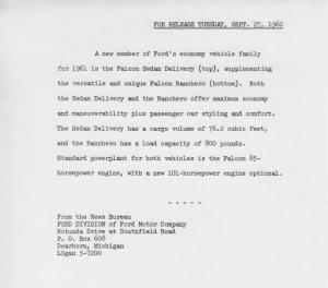 1961 Ford Falcon Sedan Delivery & Ranchero Press Photo & Release 0025