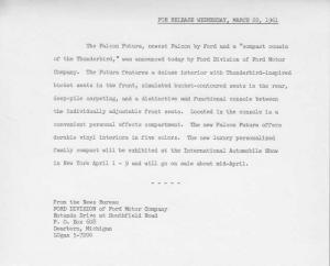 1961 Ford Falcon Futura Interior Press Photo & Release 0029