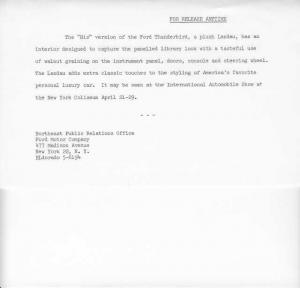 1962 Ford Thunderbird The His Version Press Photo & Release 0046