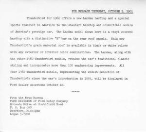 1962 Ford Thunderbird Landau Press Photo & Release 0047