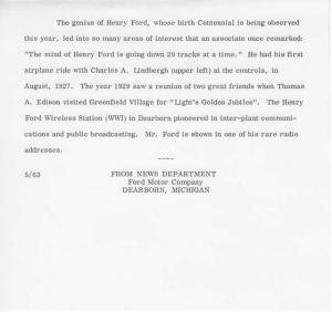 1963 Ford - Henry B-day Centennial Press Photo & Release 0050 Lindbergh Edison