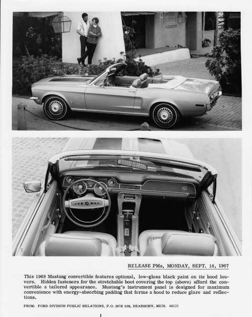 1968 Ford Mustang Convertible Exterior & Interior Press Rel Photo with Text 0084