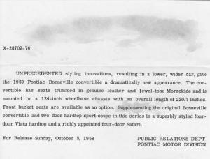 1959 Pontiac Bonneville Convertible Press Photo and Release 0031