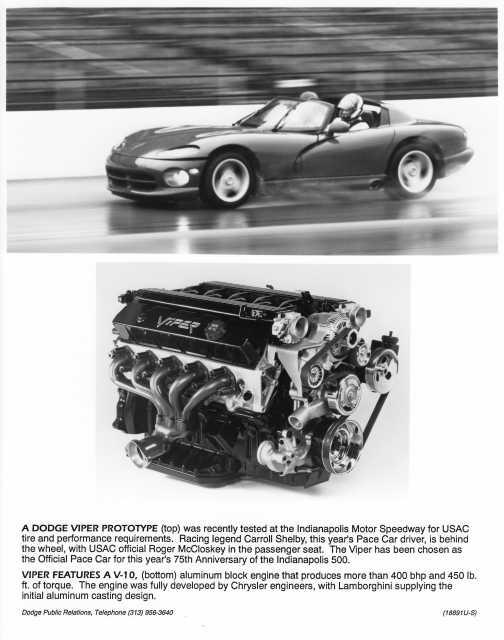 1991 Dodge Viper Prototype and V-10 Engine Indy 500 Pace Car Press Photo 0045