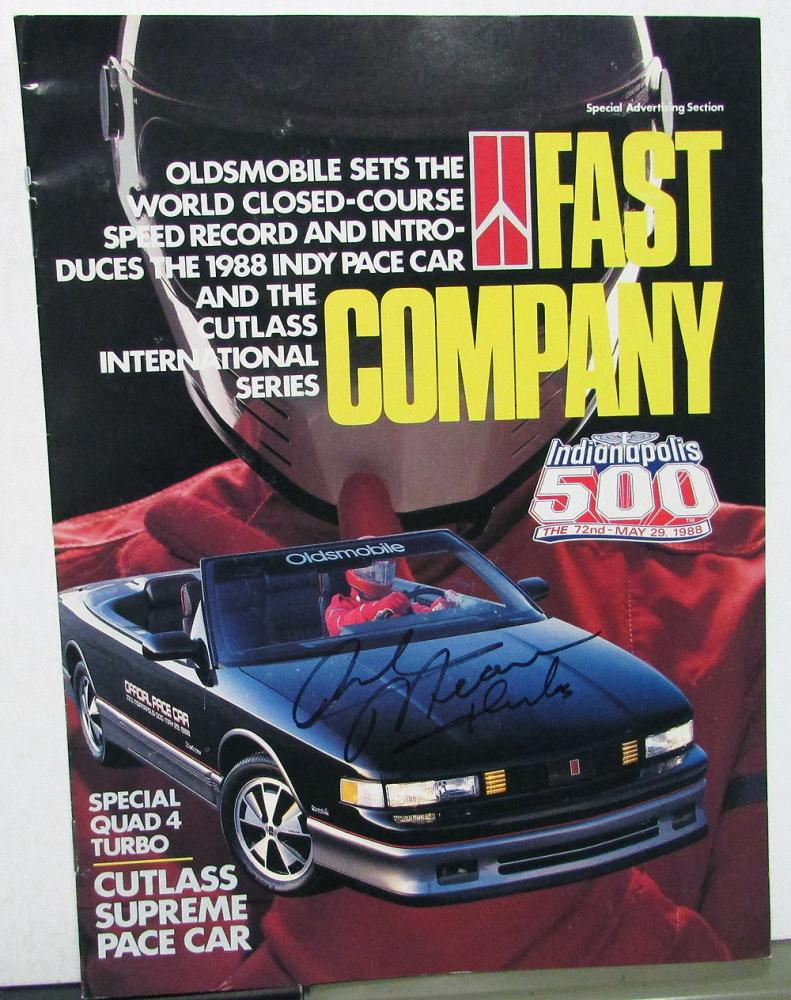 1988 Oldsmobile Brochure Insert Cutlass Indy 500 Pace Car Rick Mears Signed