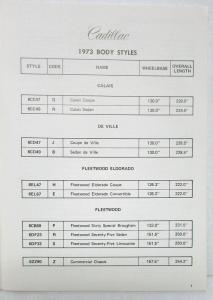 1973 Cadillac Optional Specs Calais DeVille Fleetwood Commercial Chassis Book