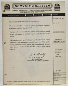 1963 Chrysler 300J Imperial Plymouth Dealer Tech Service Bulletin No 63-34 Dec26