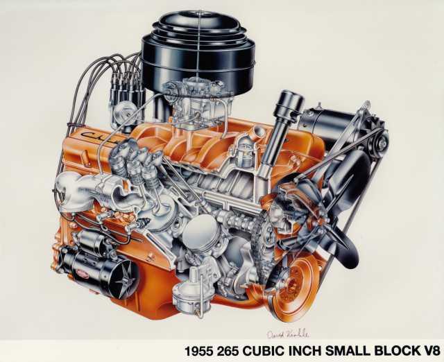 1955 Chevrolet 265 Cu In V8 Engine Cutaway Color Illustration Press Photo 0118