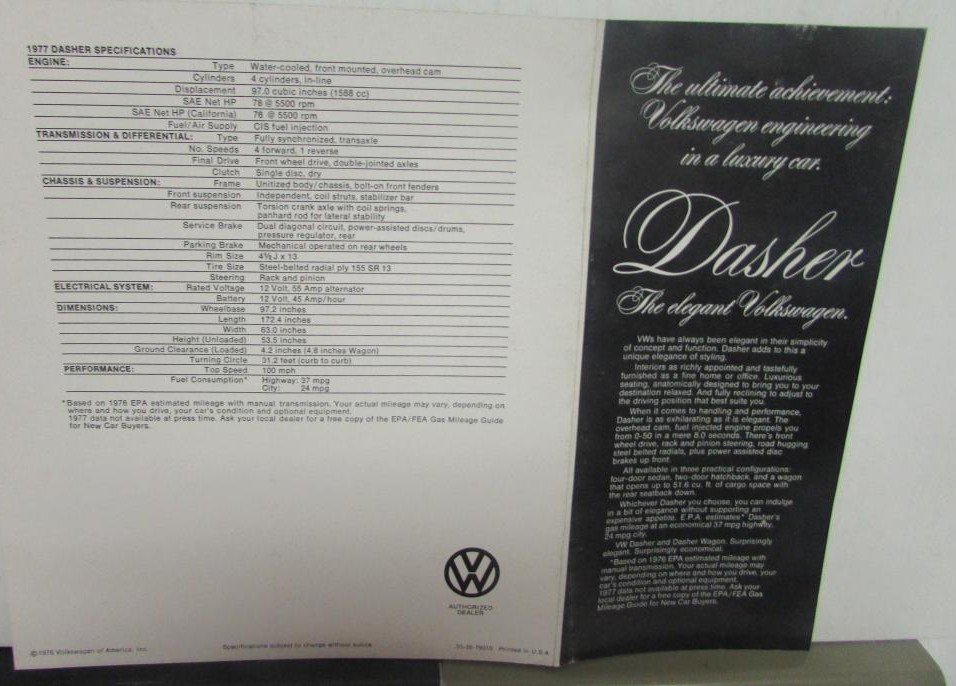 1977 Volkswagen Dasher Sales Brochure and Info Sheet