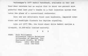 1977 VW Volkswagen Rabbit 4-Door Hatchback Press Photo and Release 0019