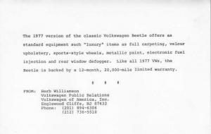 1977 VW Volkswagen Beetle Bug Press Photo and Release 0021