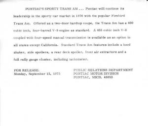 1976 Pontiac Firebird Trans Am Press Photo and Release 0057