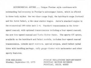 1976 Pontiac Astre Press Photo and Release 0059