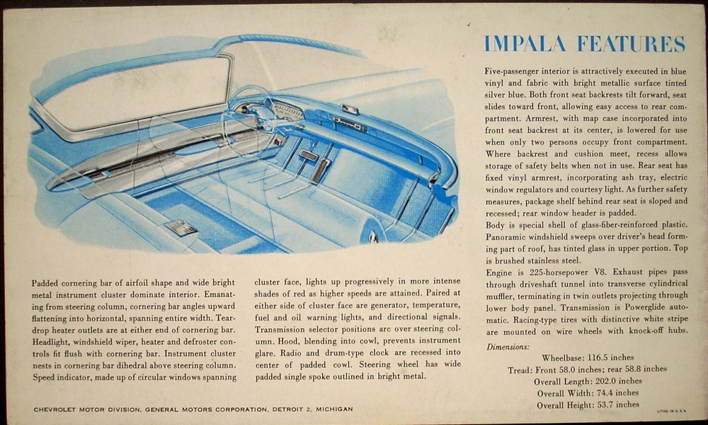 1956 Chevrolet Impala Concept Car Sales Information Folder Original