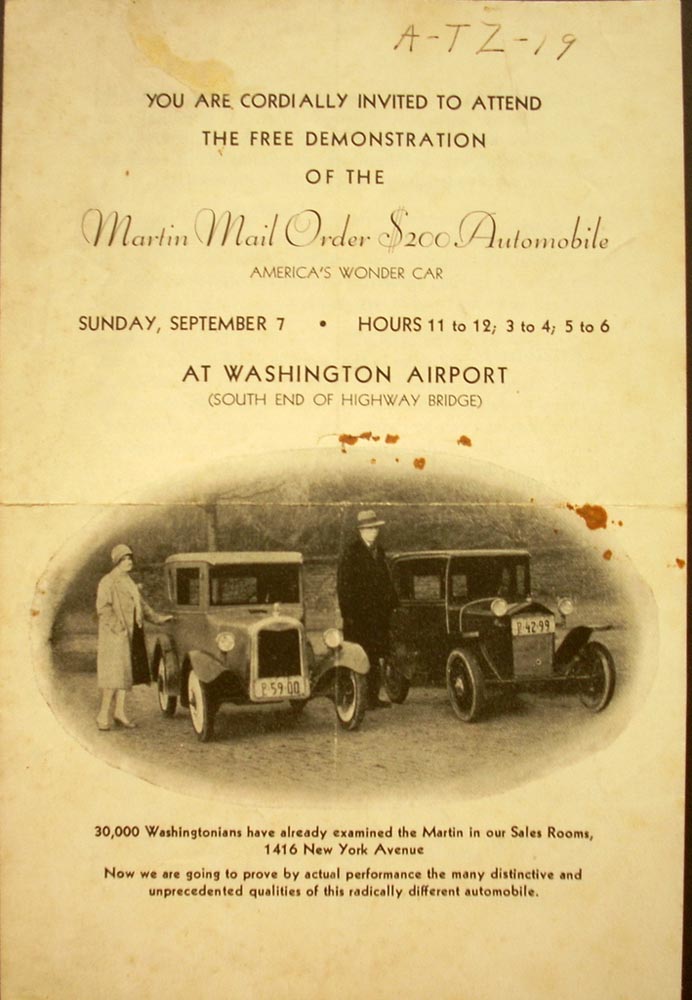 1919 ? Invite to Attend Free Demo of Martin Mail Order $200 Auto Flyer