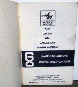1968 American Motors Service Specifications Book AMX Javelin Rebel Rambler