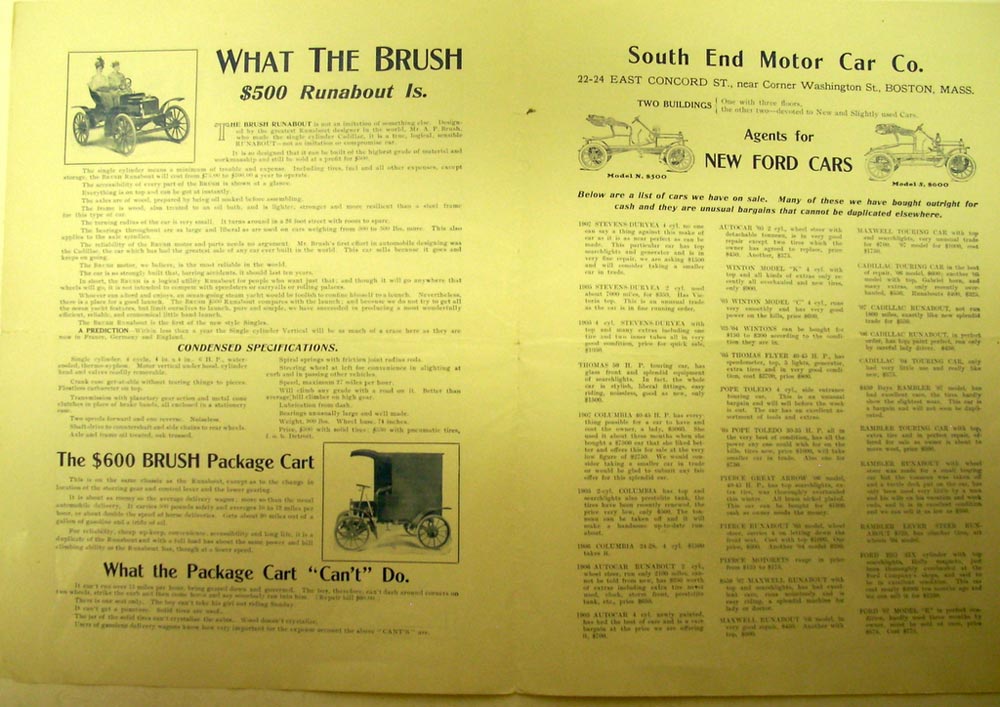 1909 Brush 500 Runabout South End Motor Car Company Boston Ma. Sales