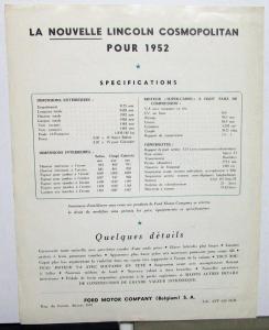 1952 Lincoln Cosmopolitan Foreign Data Sales Sheet Belgium Market French Text