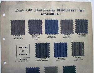 1951 Lincoln & Cosmopolitan Upholstery Options Supplement No 1 From Parts Book