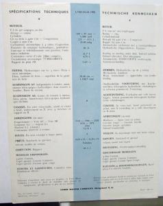 1955 Lincoln & Capri Foreign Dealer Data Sheet Belgium Market French Dutch Text