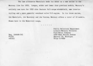 1955 Mercury Montclair Factory Press Photo and Release 0103