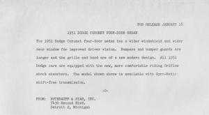 1951 Dodge Coronet Press Photo and Release 0057