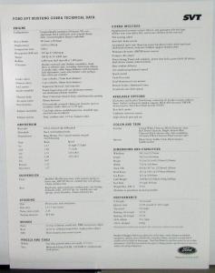 1998 Ford Mustang Cobra SVT Data Sheet Glossy Cardstock Original