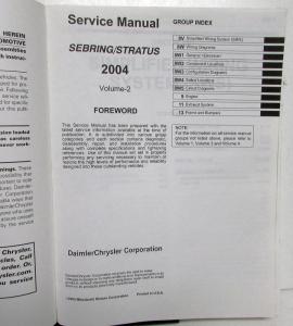 2004 Chrysler Sebring & Dodge Stratus Coupe Service Shop Repair Manual 3 Vol Set