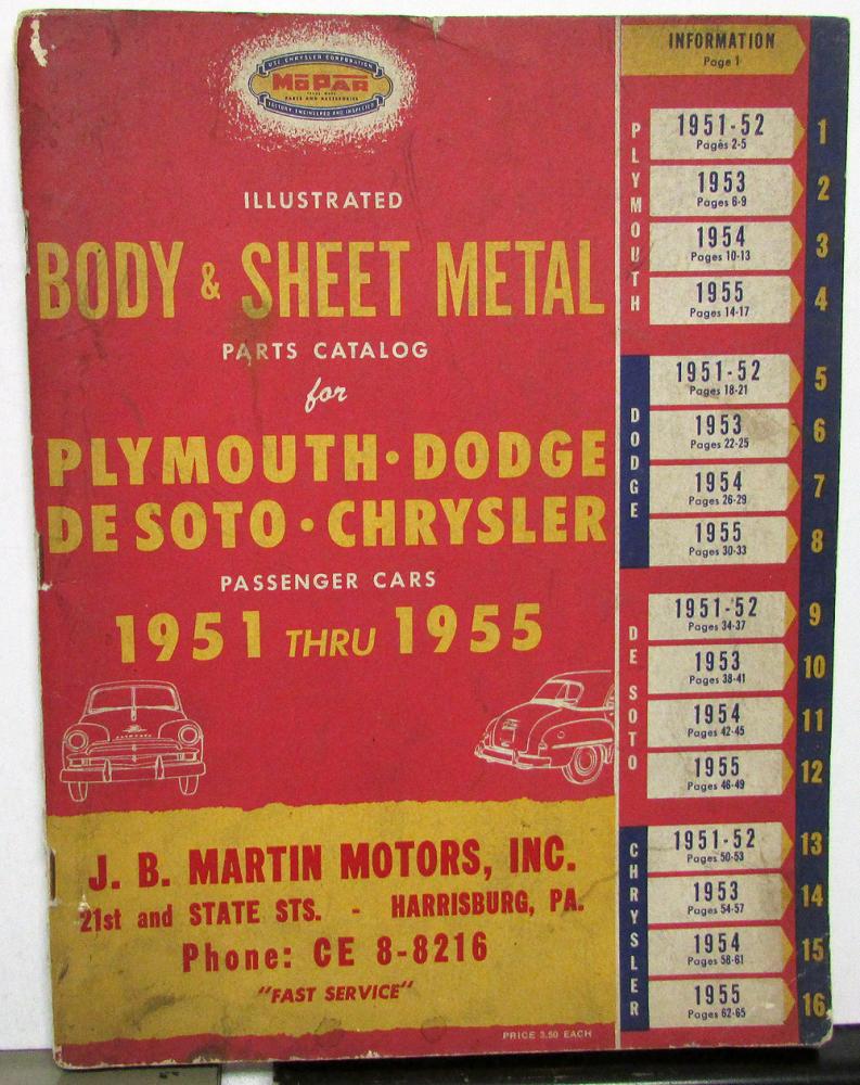 1951-55 Chrysler Plymouth Dodge DeSoto Body Sheet Metal Parts Catalog Crash  Book