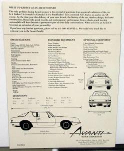 1984 Avanti Dealer Sales Brochure Folder Features Options Specs