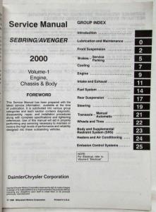 2000 Dodge Avenger Chrysler Sebring Service Shop Repair Manual 2 Vol Set
